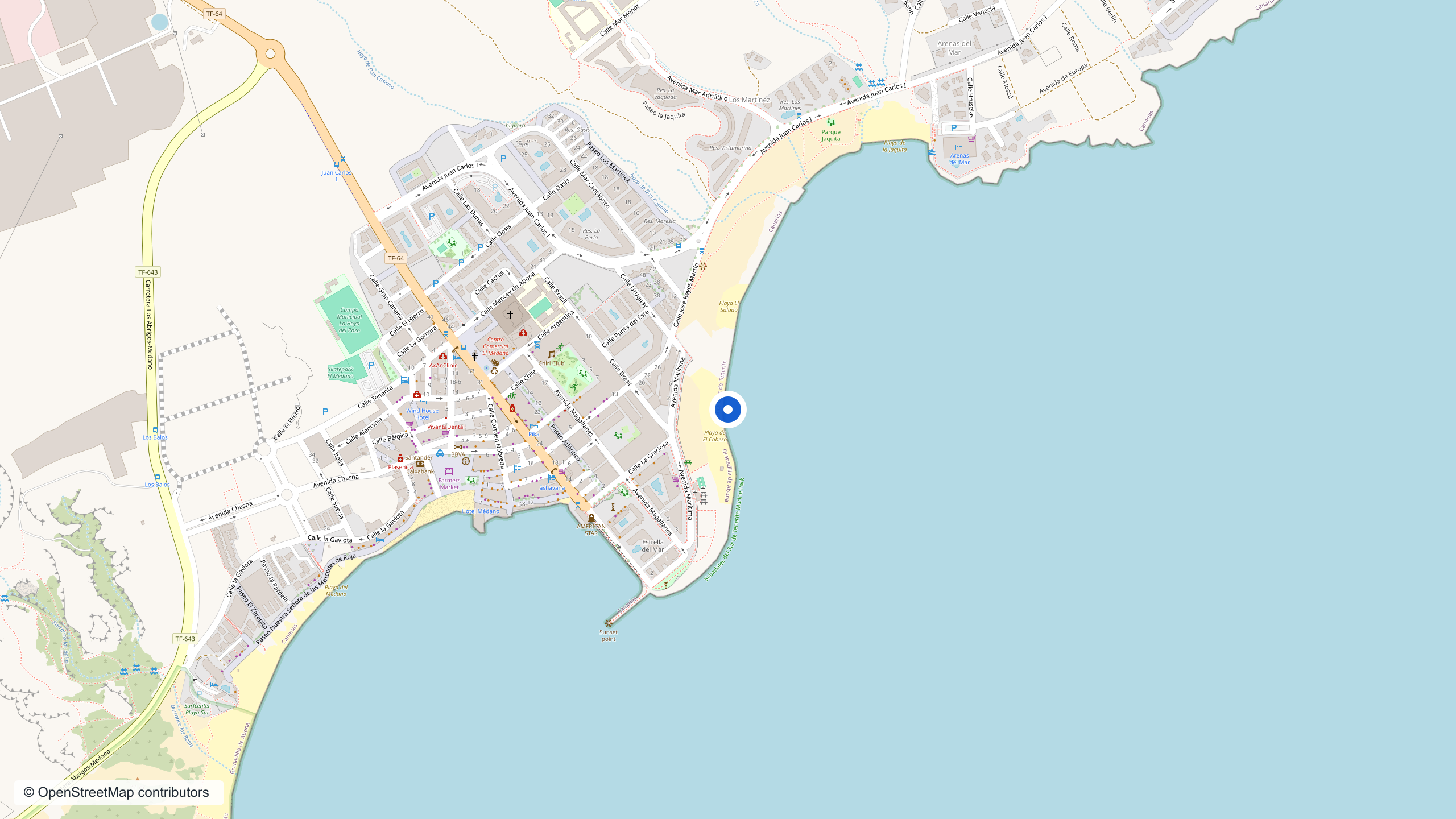 Map view of Playa El Cabezo on the El Medano coastline with the promenade and nearby streets.
