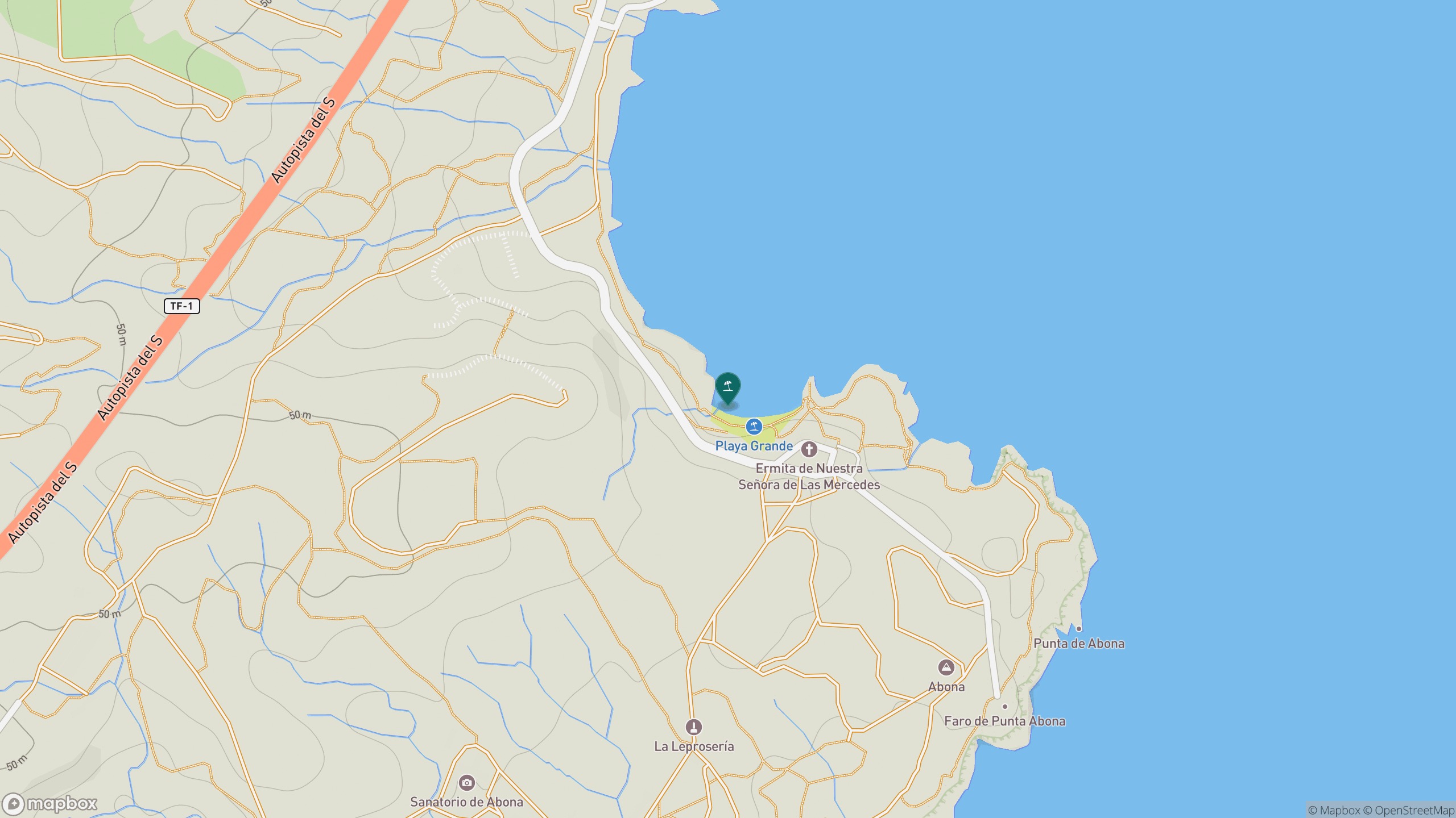 Map view of Playa Grande and the Punta de Abona coastline.