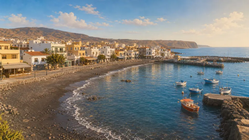 Illustrative PlayaGo view from the harbour-side promenade, representing the Las Galletas beach setting.