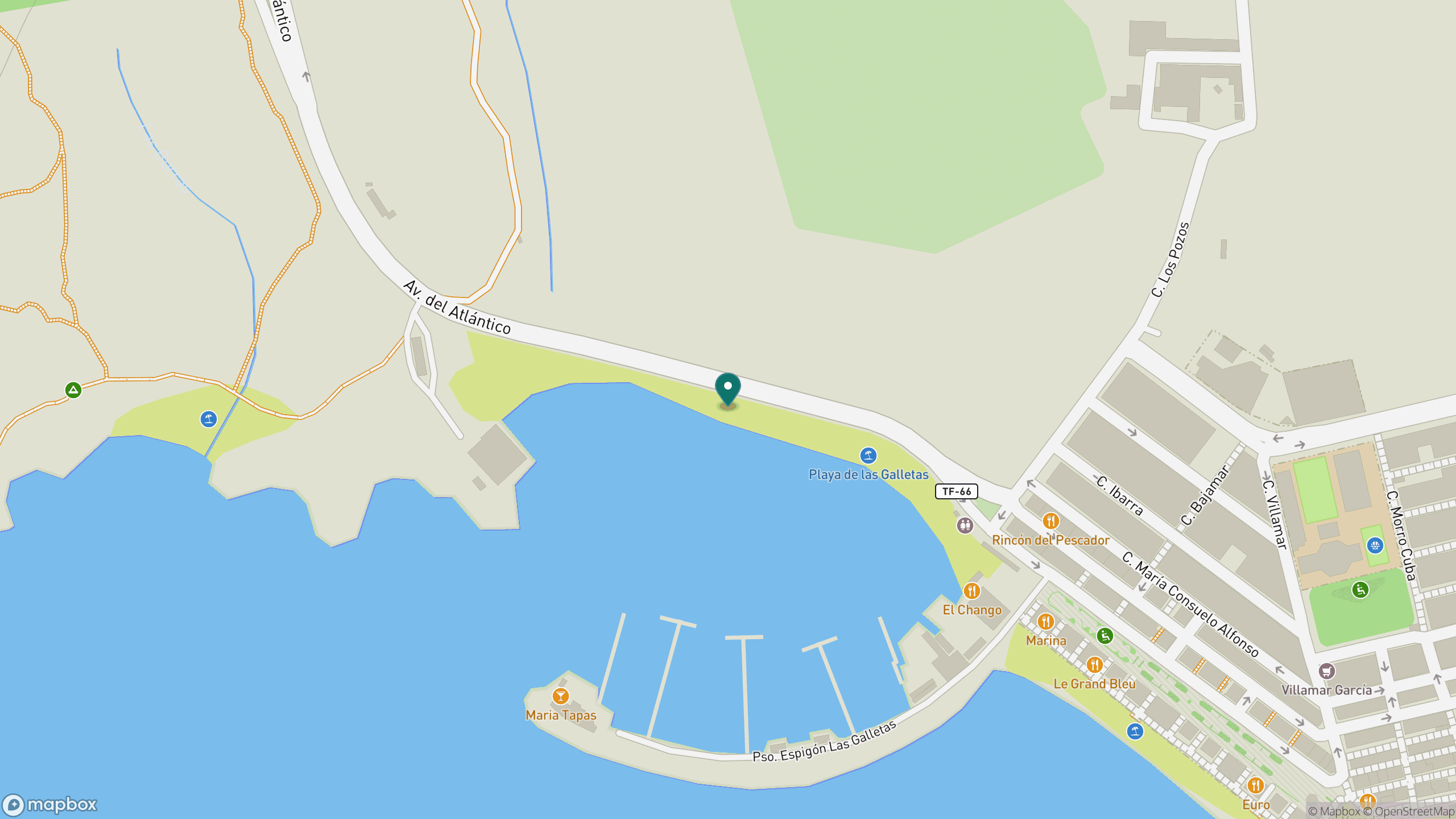 Map view of Playa de Las Galletas beside the fishing harbour and marina.