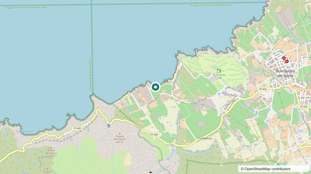 Map view centered on Playa Las Mujeres and the Buenavista coastal access.