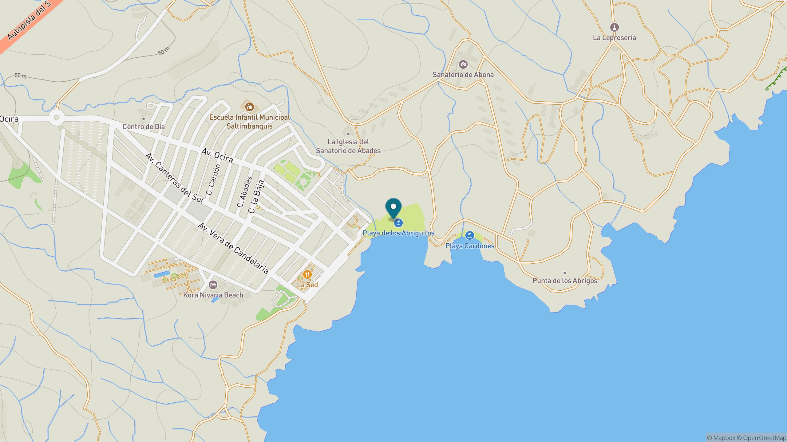 Map view of Playa de Los Abriguitos and the Abades waterfront.