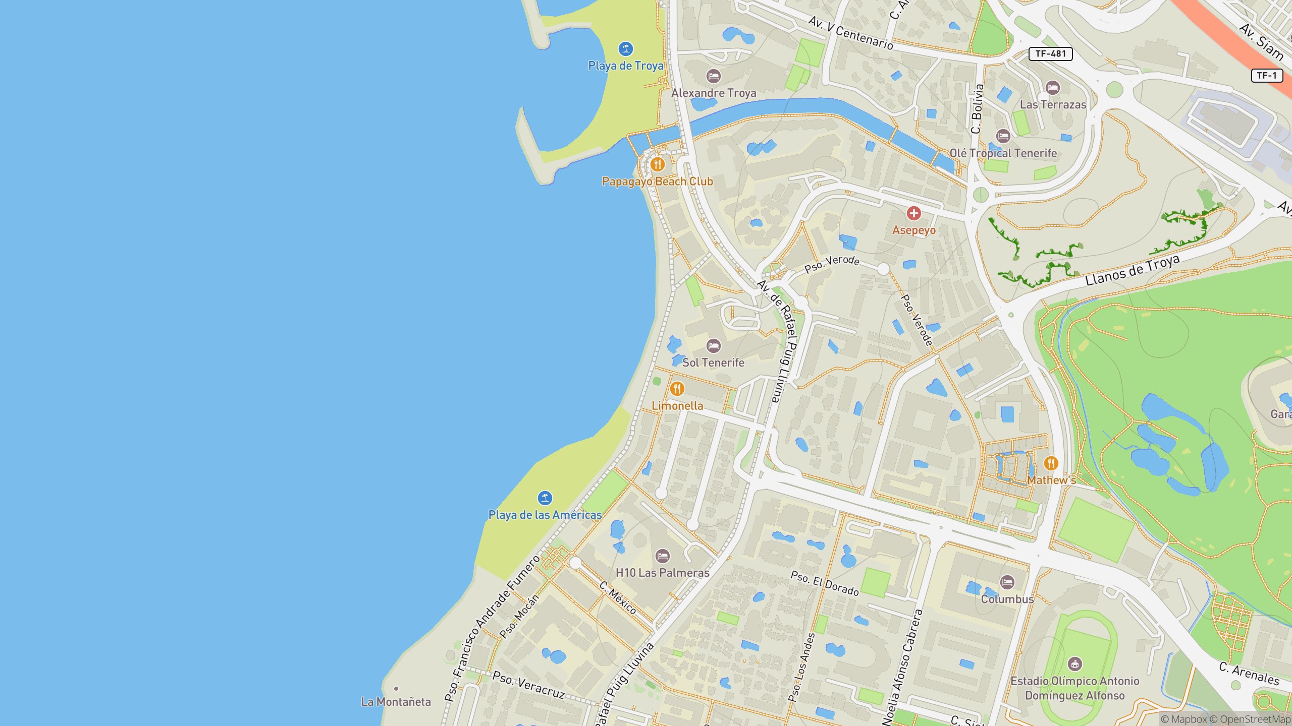 Map view of Playas de Troya and the Costa Adeje promenade.