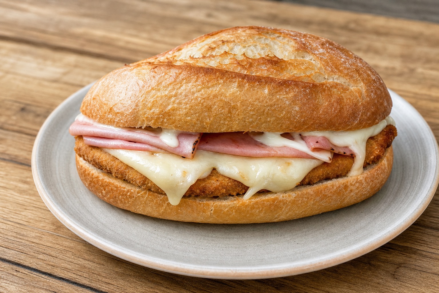 Breaded chicken, cheese and ham