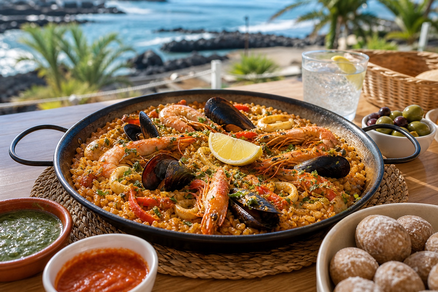 Seafood rice with prawns, mussels, lemon, papas arrugadas, and mojo sauces.