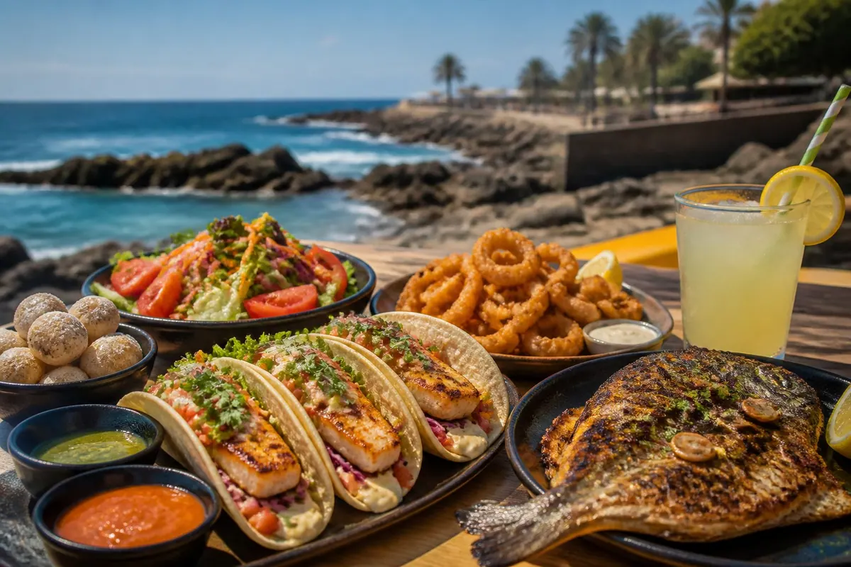 Grilled fish tacos, fried calamari, papas arrugadas, mojo, fresh salad, and lemonade on a sunny beachside table