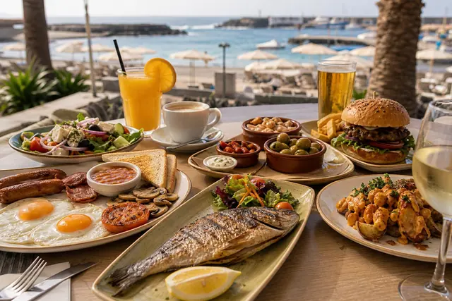 Breakfast, tapas, grilled fish, burger, salad, and drinks on a sunny seaside table
