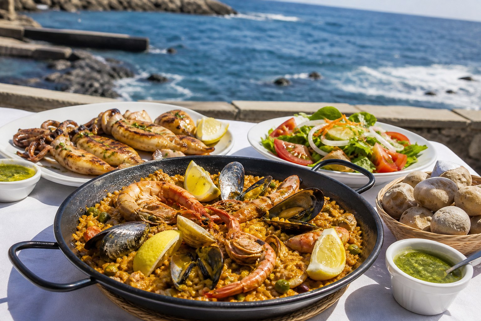 Seafood paella, grilled squid, prawns, papas arrugadas, mojo, lemon, and salad on a sunny coastal table