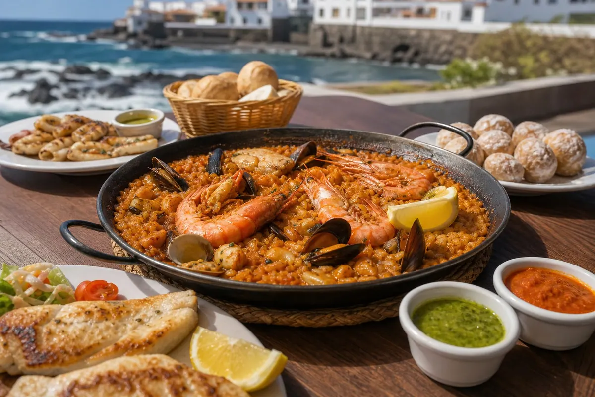 Seafood rice, grilled fish, prawns, papas arrugadas, mojo, and lemon on a coastal table