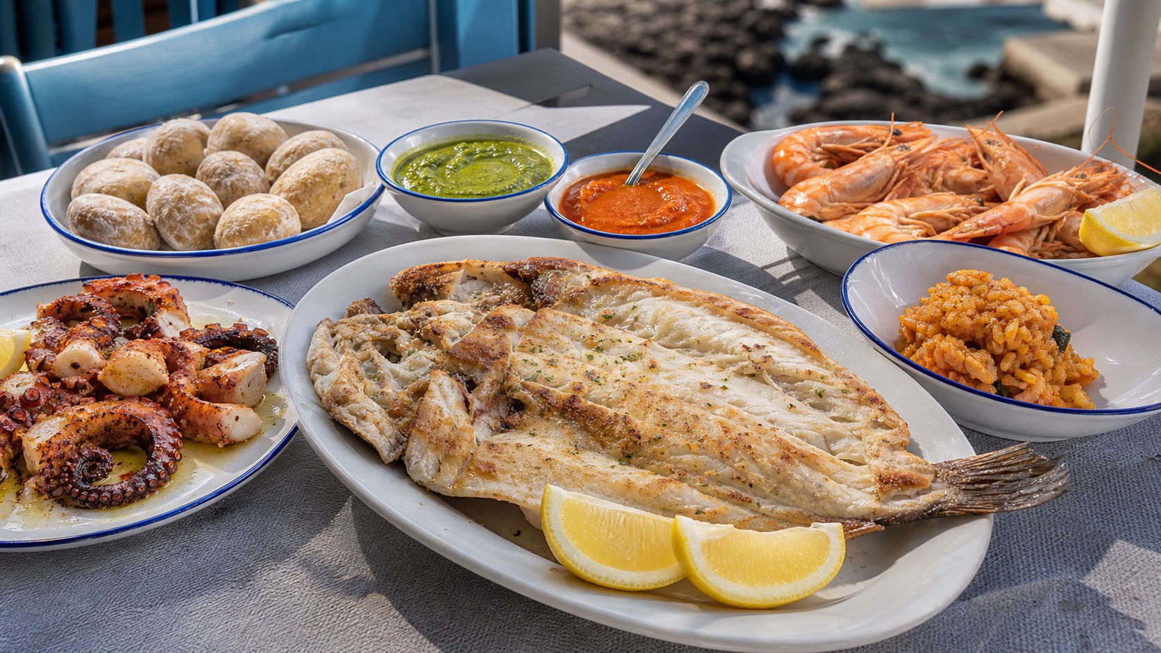 Grilled fish, octopus, prawns, seafood rice, papas arrugadas, mojo, and lemon.