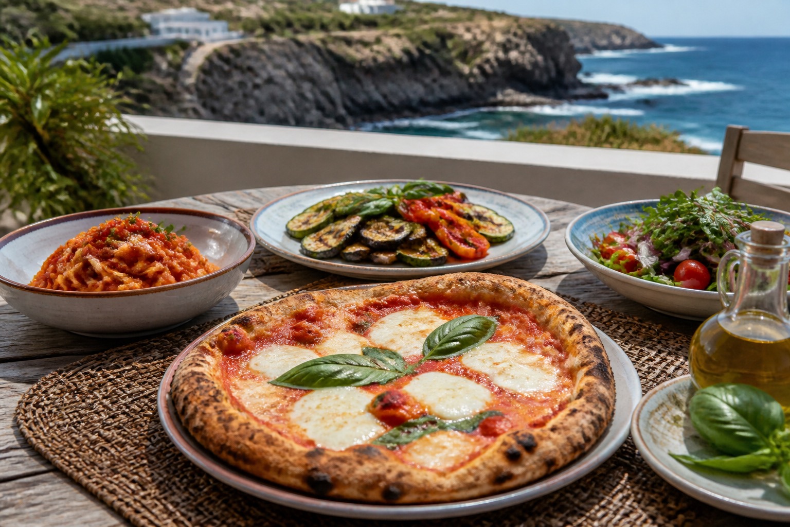 Wood-fired pizza, tomato pasta, grilled vegetables, salad, basil, and olive oil.
