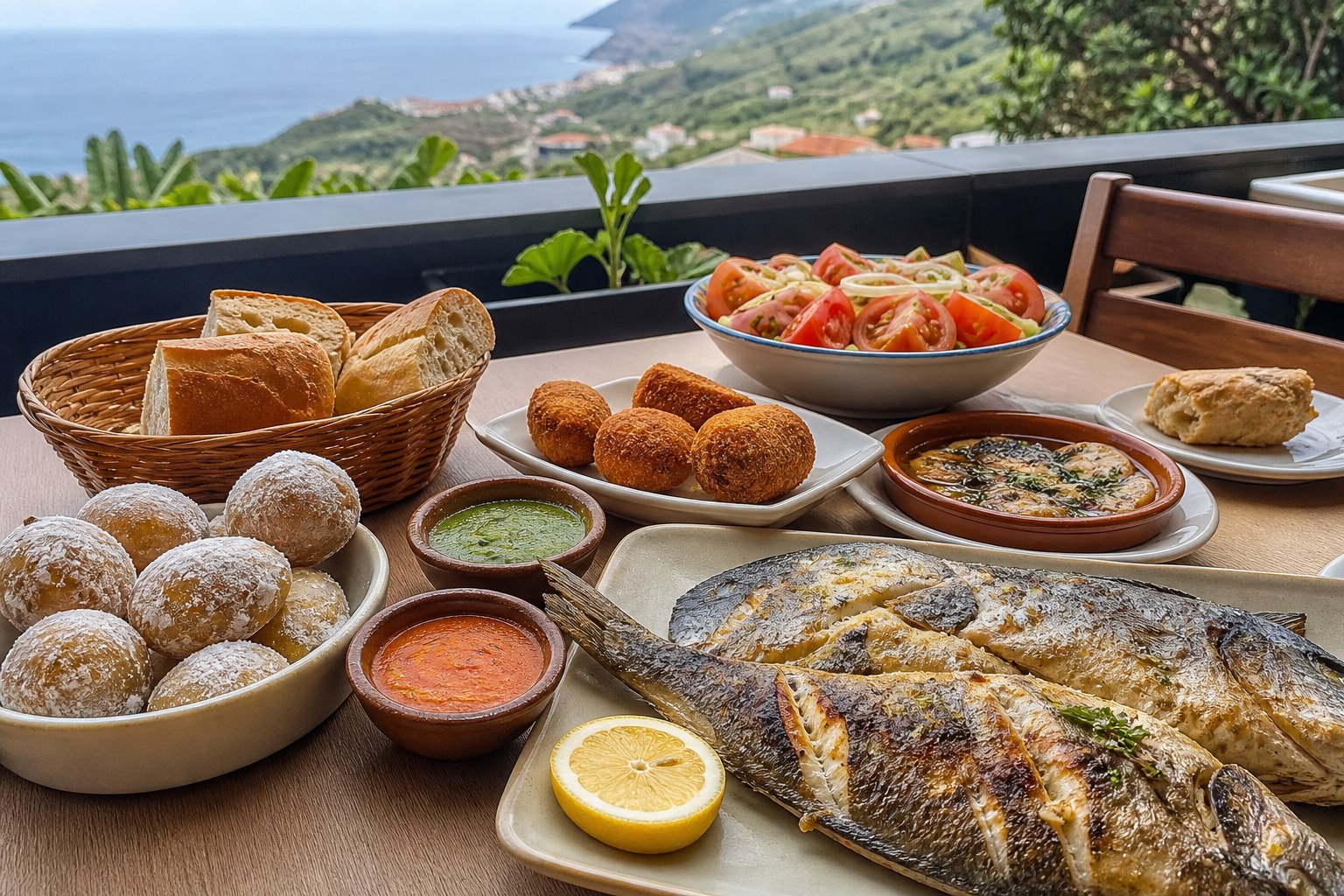 Grilled fish, papas arrugadas, mojo sauces, croquettes, tomato salad, and bread on a scenic terrace table