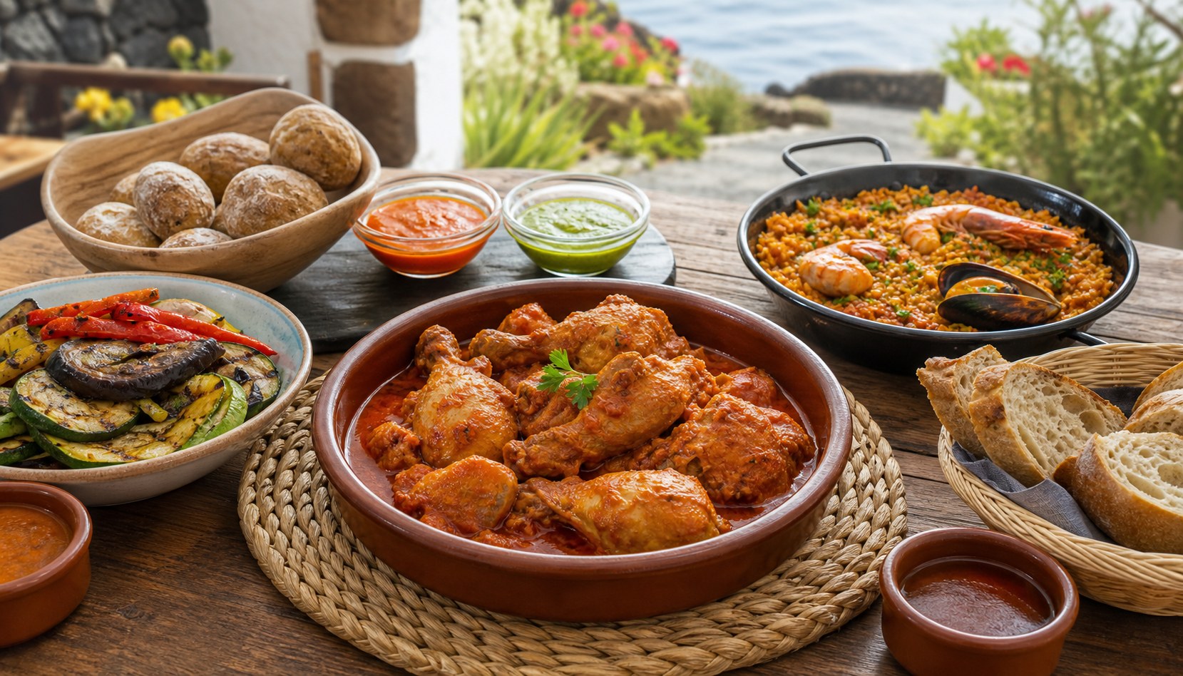Braised chicken, grilled vegetables, papas arrugadas, mojo sauces, and seafood rice on a homestyle table