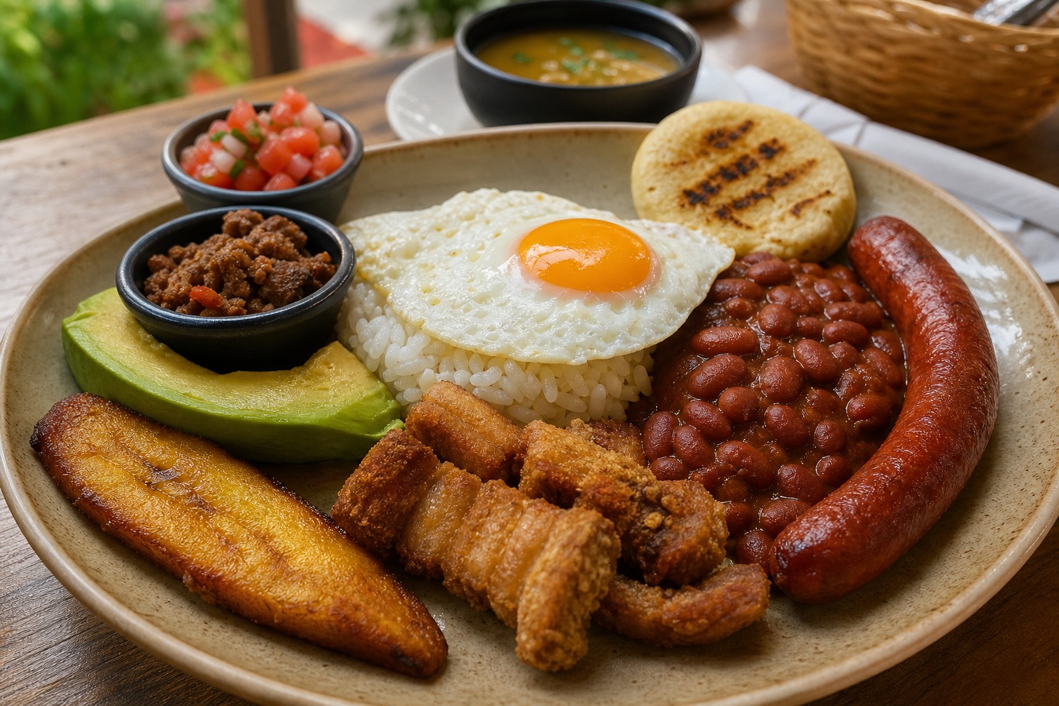 Bandeja paisa with beans, rice, fried egg, plantain, arepa, and avocado
