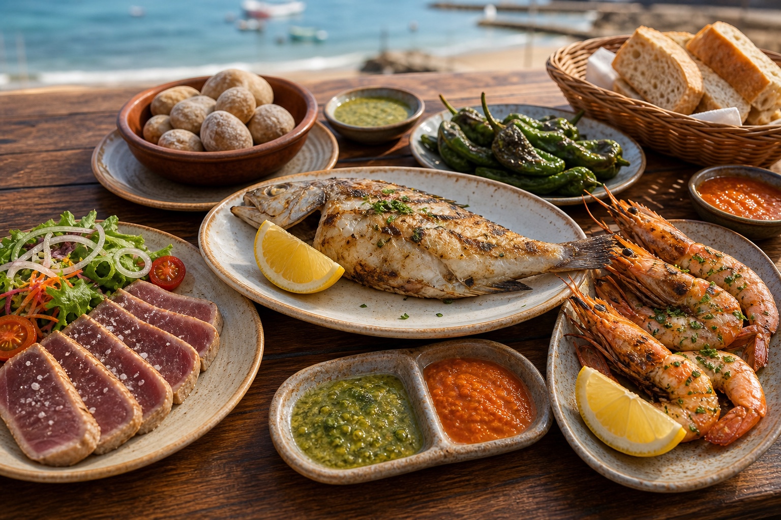 Grilled fish, seared tuna, prawns, papas arrugadas, mojo sauces, and lemon.