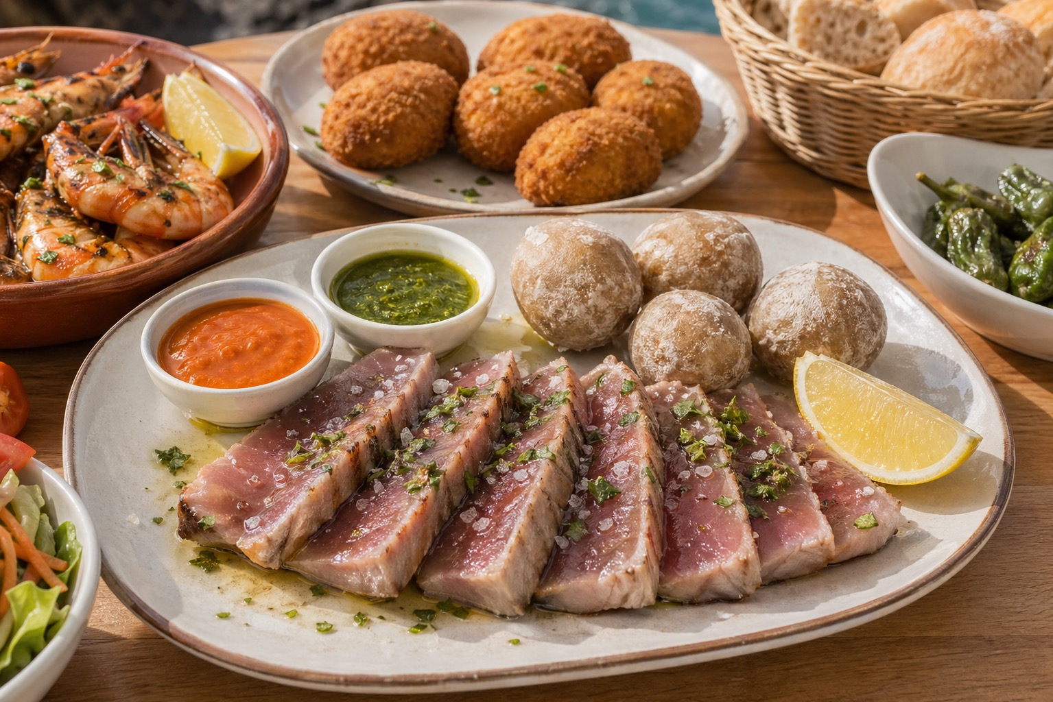 Seared tuna, croquetas, grilled prawns, papas arrugadas, mojo sauces, and lemon.