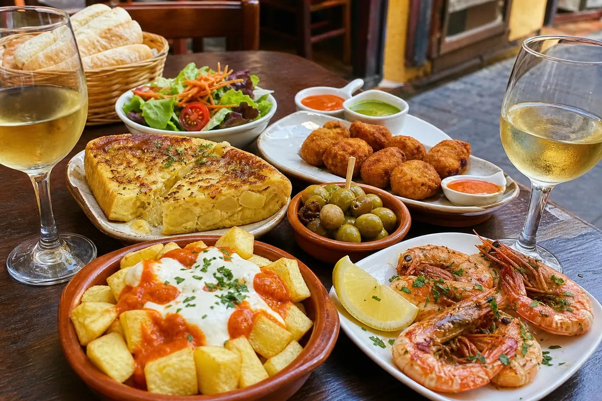 Two-person tapas spread with patatas bravas, croquettes, tortilla, grilled prawns, olives, bread, salad, and mojo
