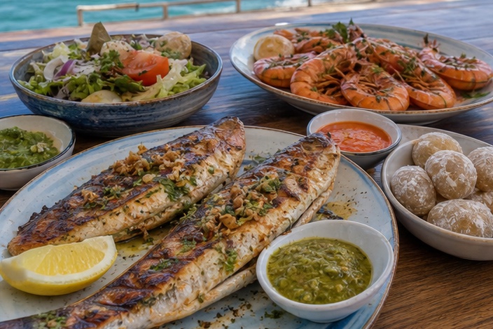 Grilled fish with prawns, salad, papas arrugadas, lemon, and mojo sauces by the sea.