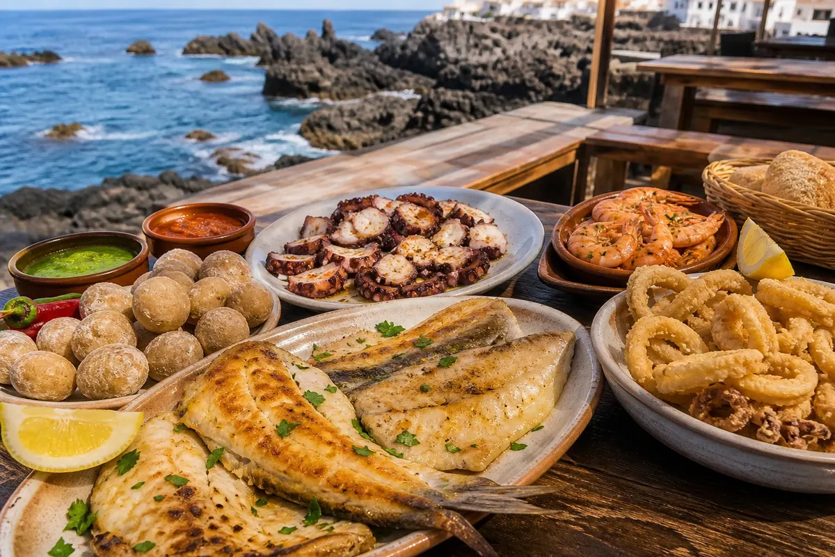 Grilled fish fillets, octopus, prawns, fried calamari, papas arrugadas, mojo, and lemon on a rustic seaside table
