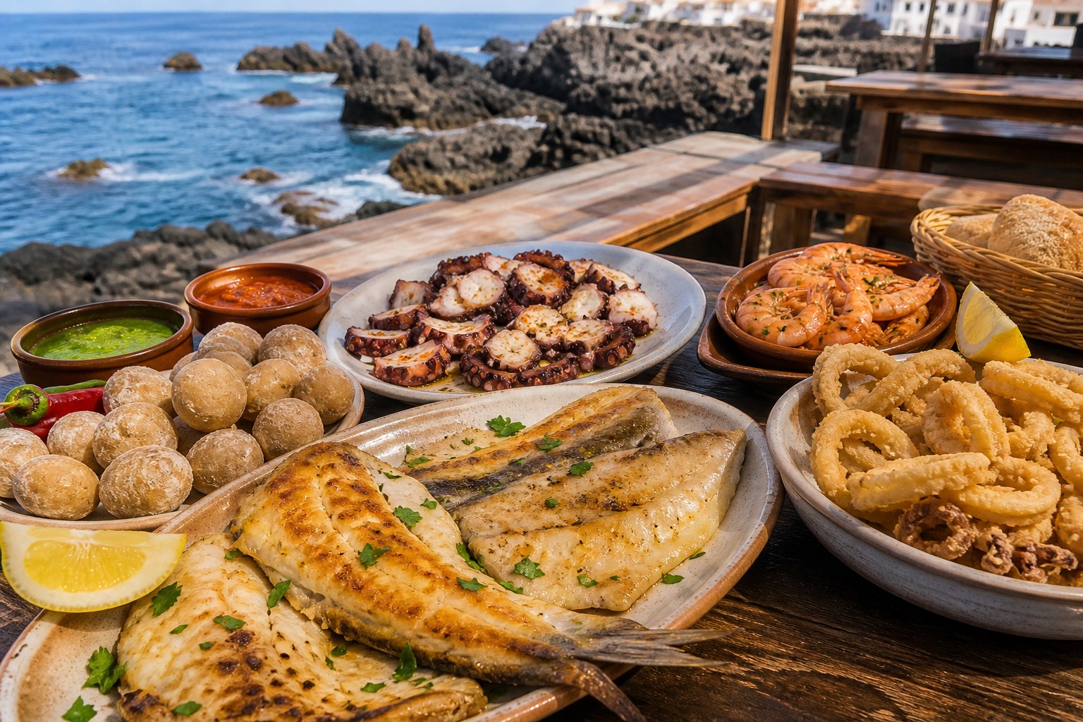 Grilled fish fillets, octopus, prawns, fried calamari, papas arrugadas, mojo, and lemon on a rustic seaside table