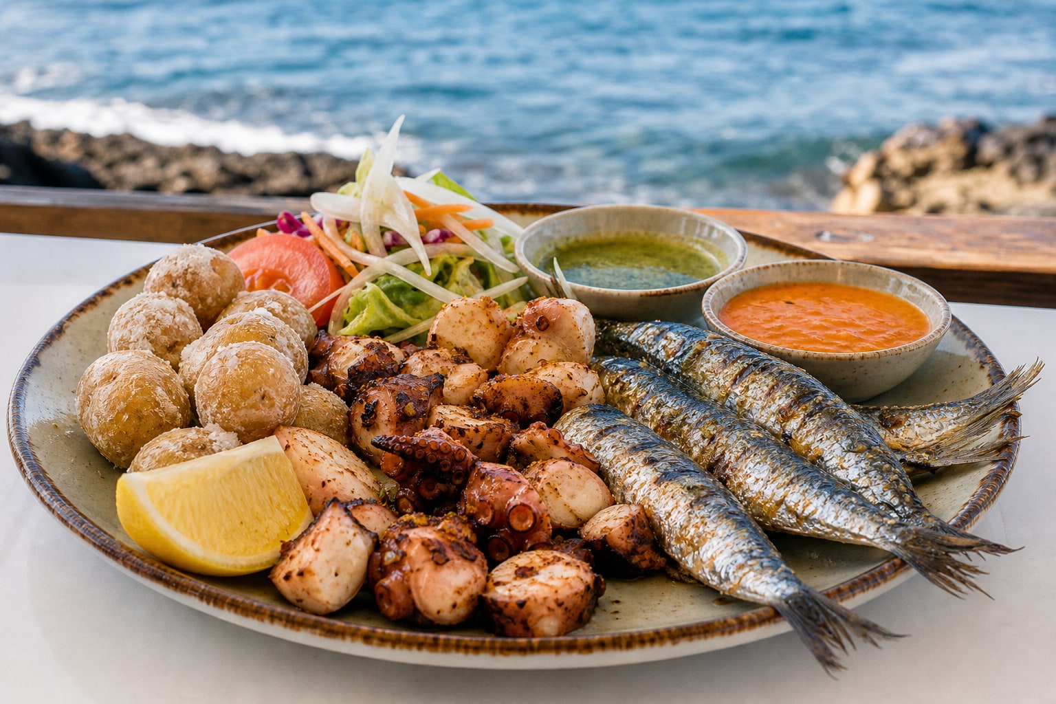 Spanish seafood plate with fried octopus, grilled sardines, papas arrugadas, and mojo sauces.