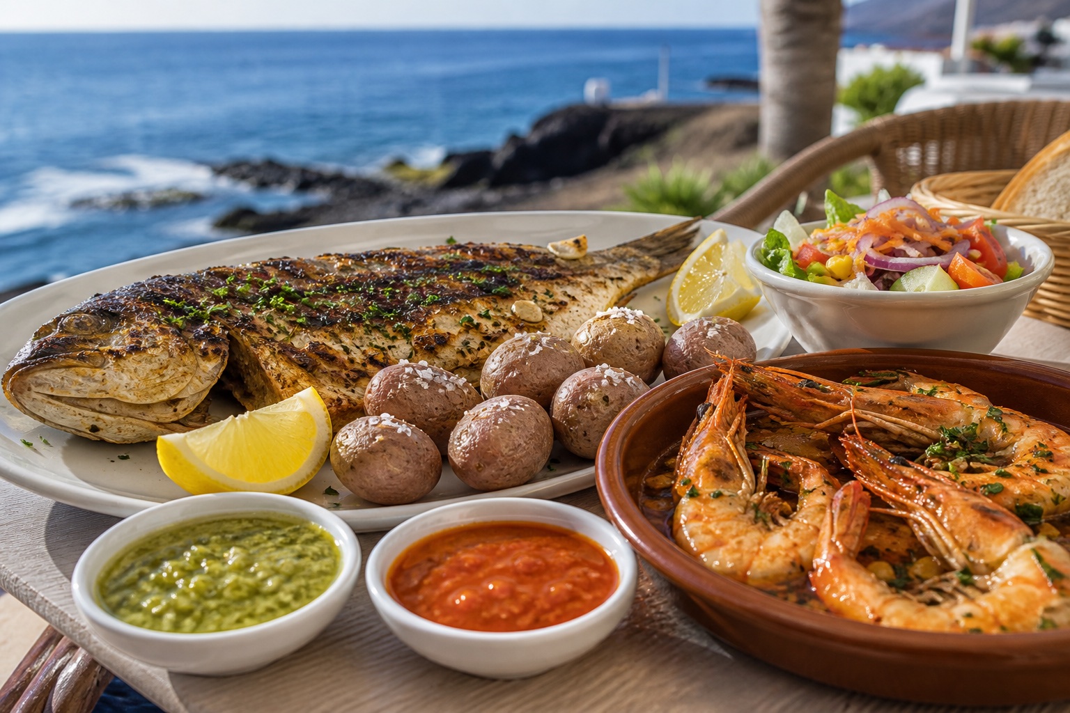 Grilled fish, garlic prawns, papas arrugadas, mojo sauces, lemon, and salad on a seaside table.