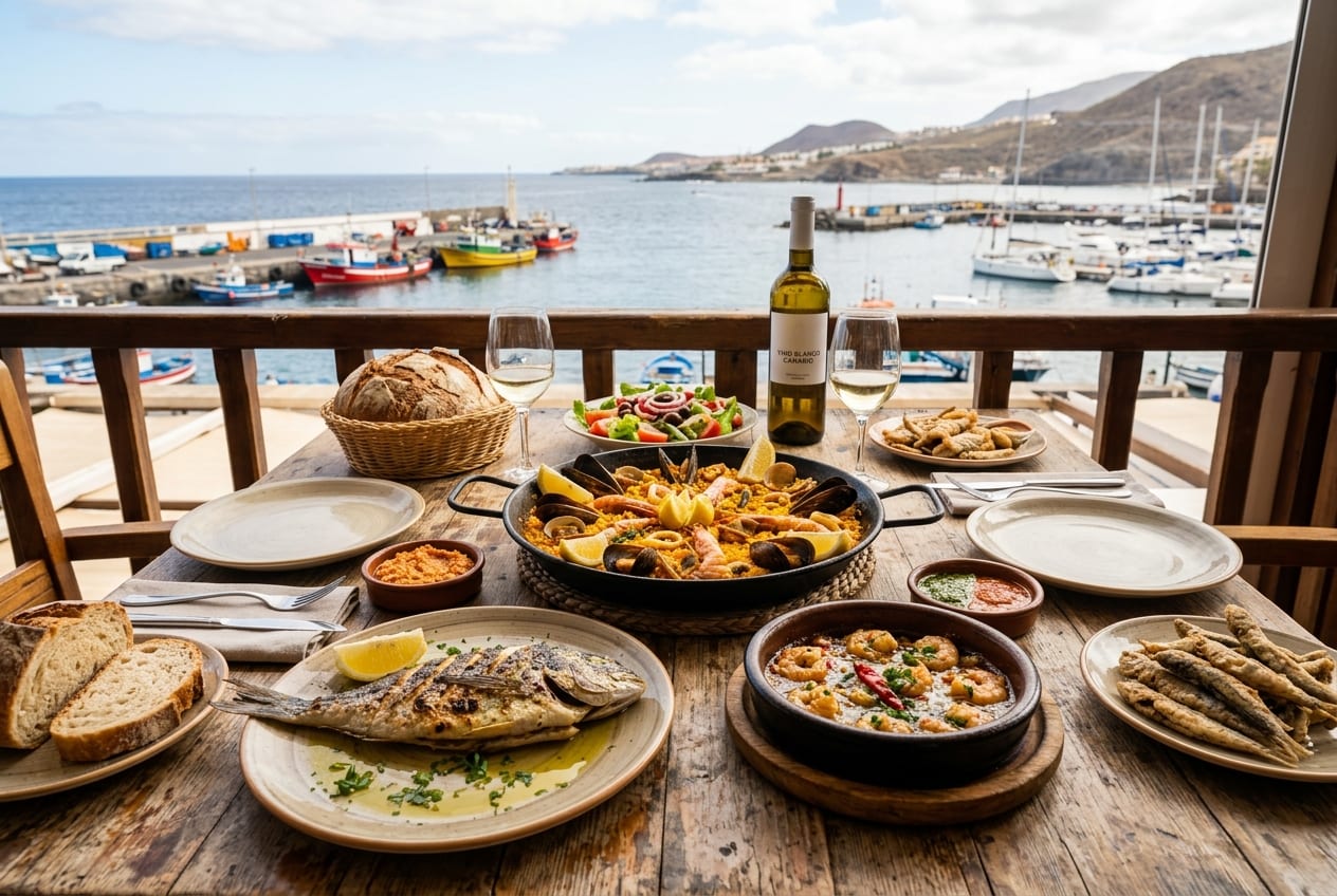 Representative Spanish and Mediterranean seafood feast at Restaurante Linares in Los Cristianos