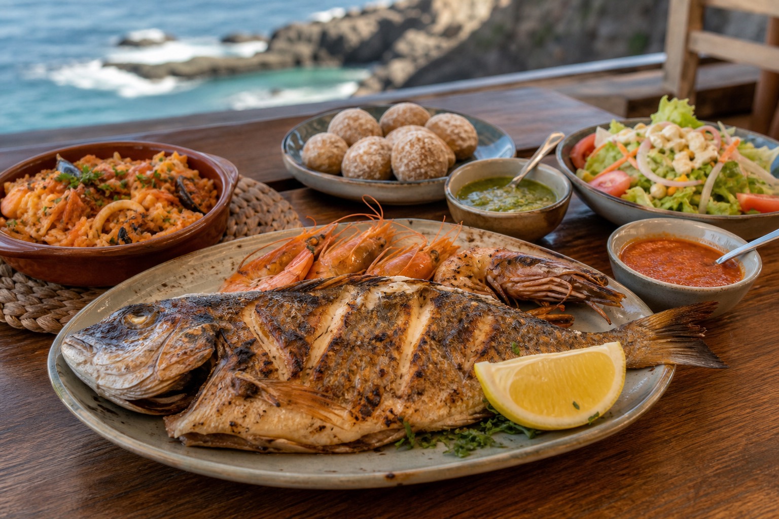 Grilled local fish with prawns, seafood rice, papas arrugadas, mojo sauces, and salad on a coastal table.