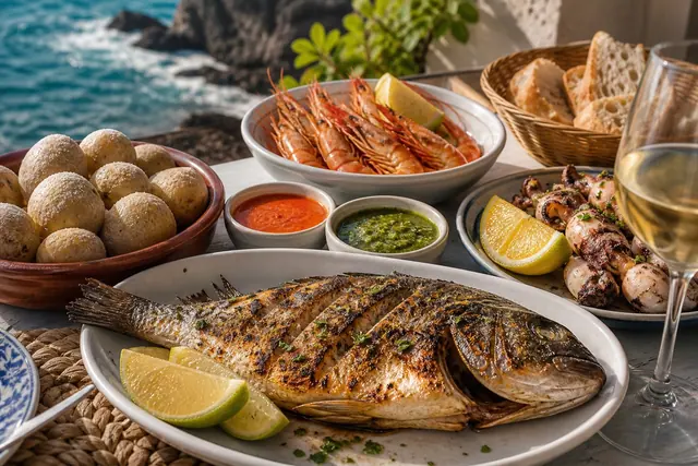 Grilled local fish, papas arrugadas, mojo sauces, prawns, and lemon on a sunny coastal table