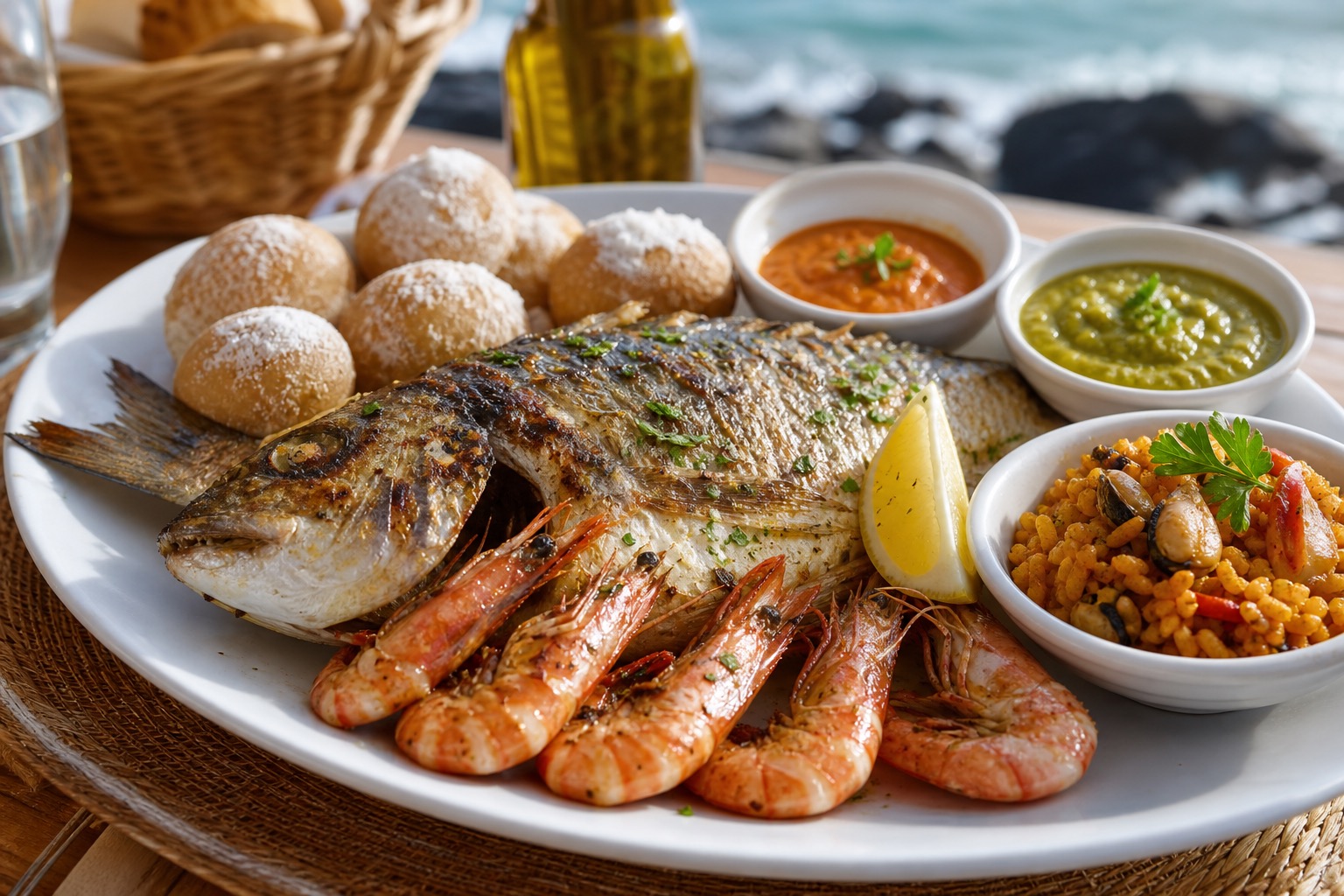 Seafood rice with prawns, grilled fish, papas arrugadas, mojo, and lemon on a sunny coastal table.