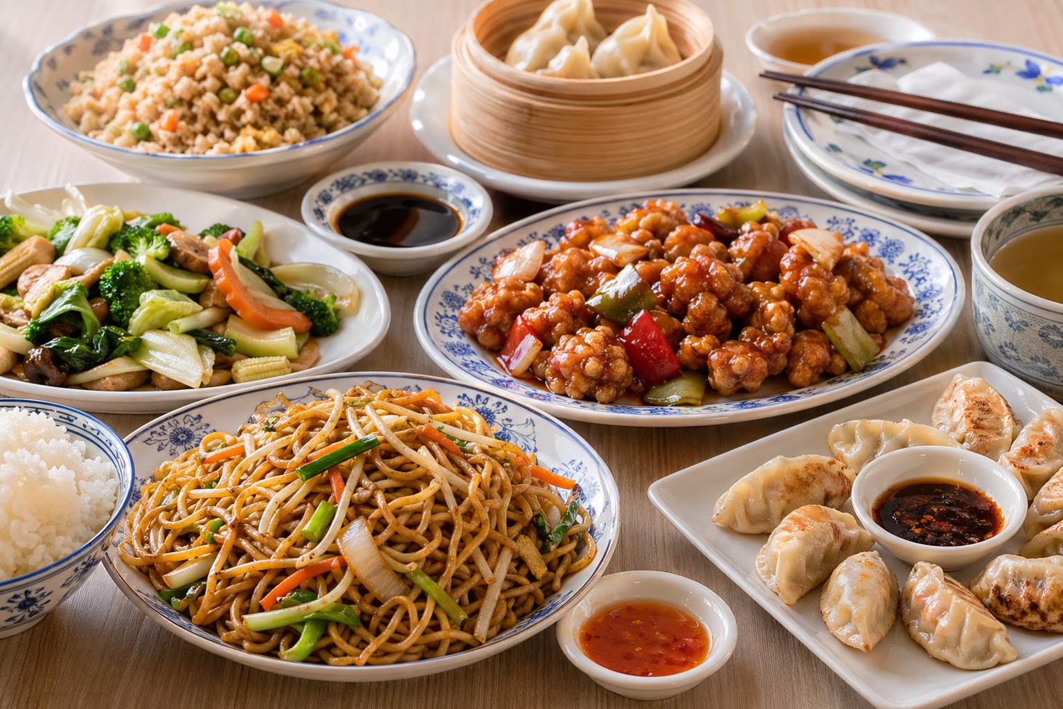 Family-style Chinese dishes with noodles, dumplings, vegetables, crispy chicken, rice, and sauces.