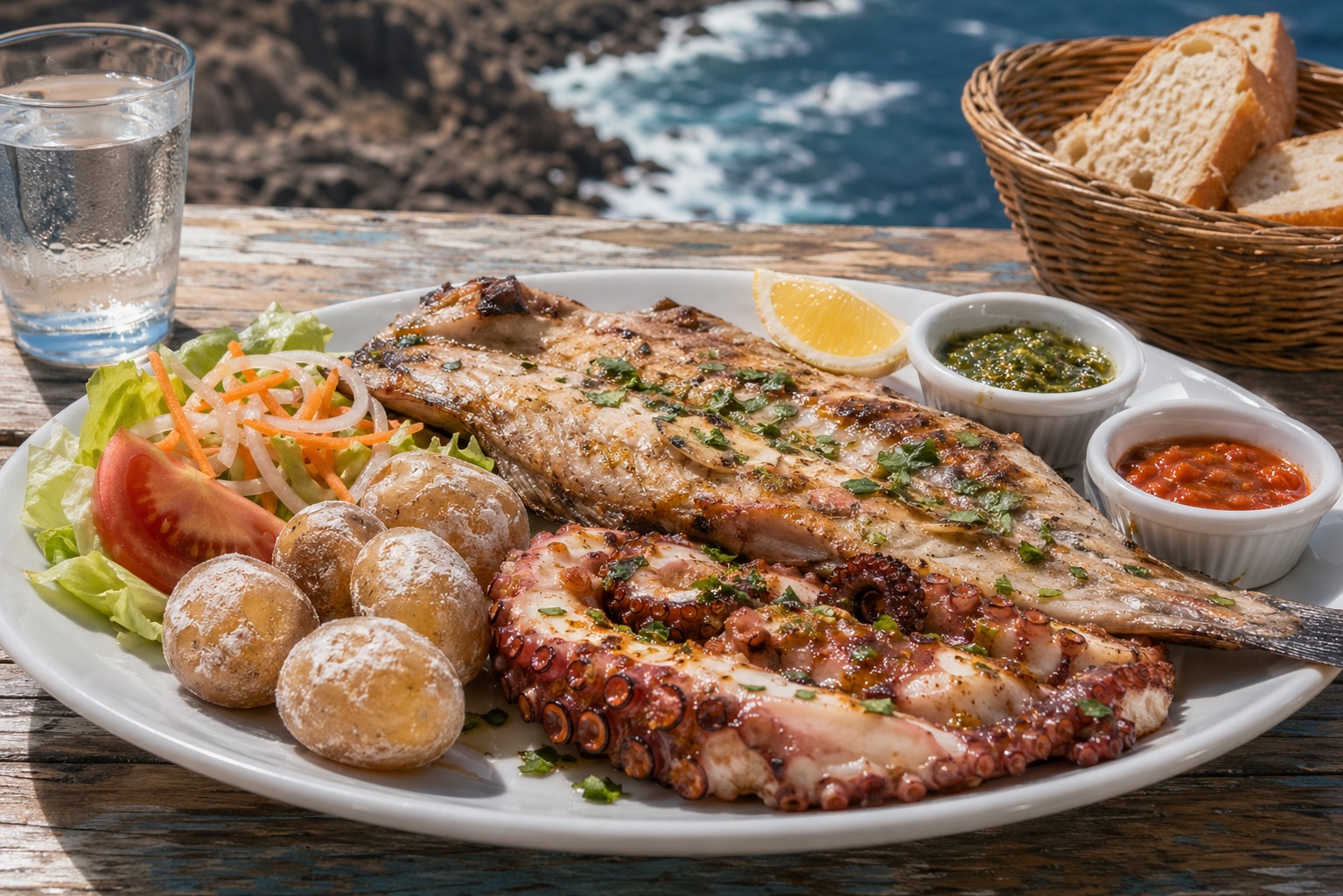Beachside Canarian seafood plate with grilled fish, octopus, papas arrugadas, and mojo.