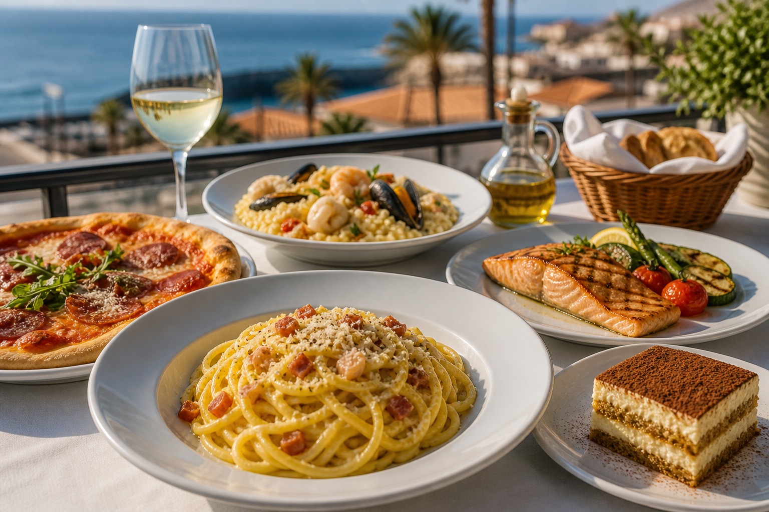 Spaghetti carbonara, seafood risotto, pizza, grilled salmon, and tiramisu on a terrace table