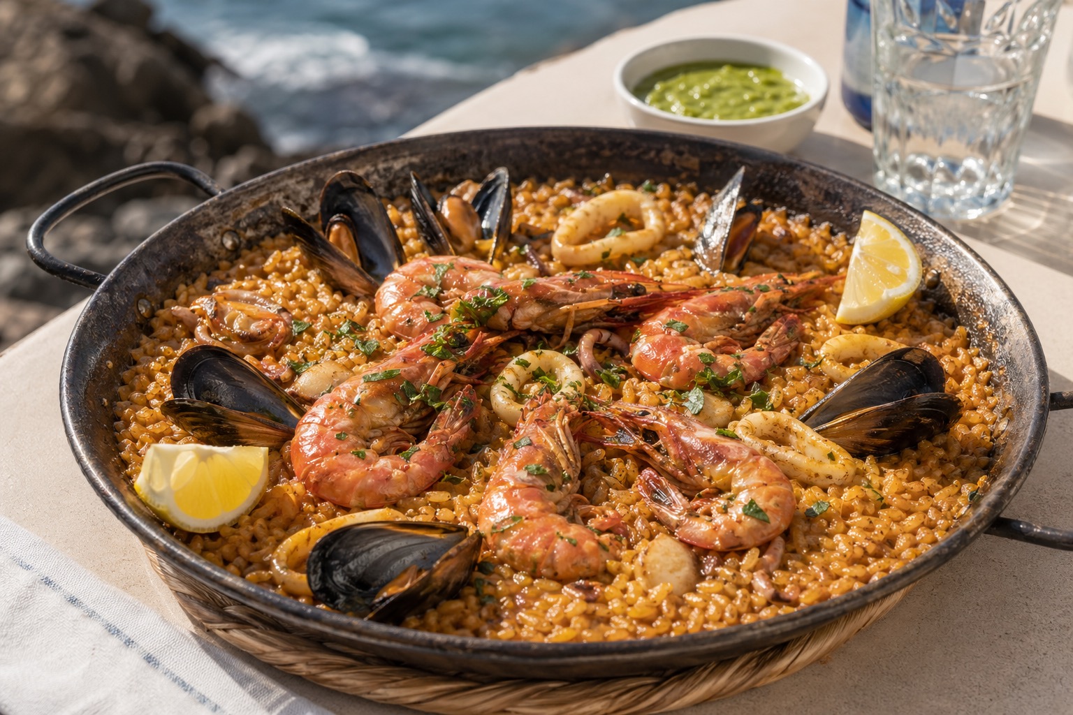 Seafood rice with prawns, mussels, squid, lemon, and herbs in a shallow pan.