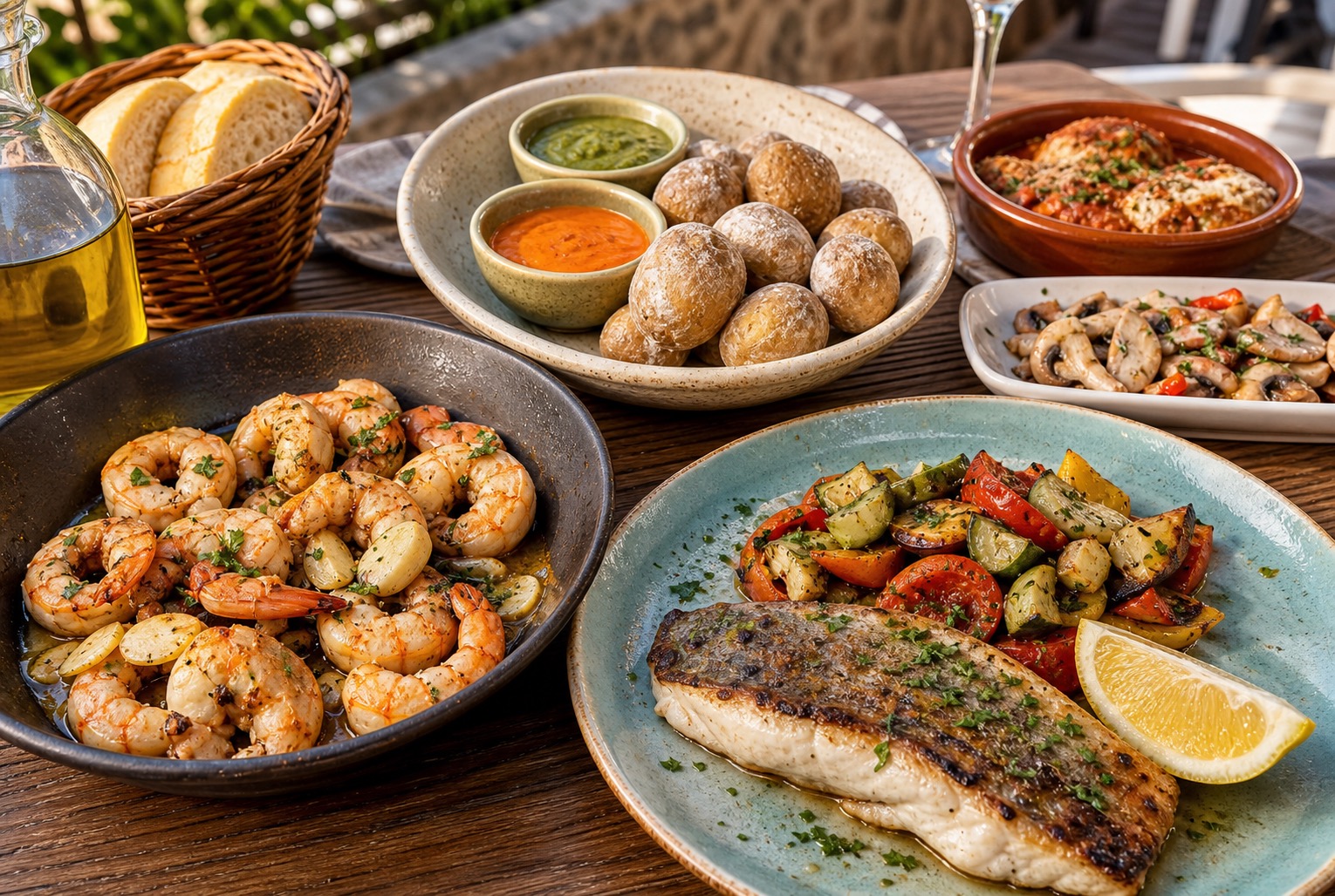 Garlic prawns, grilled fish, papas arrugadas, mojo sauces, and roasted vegetables.