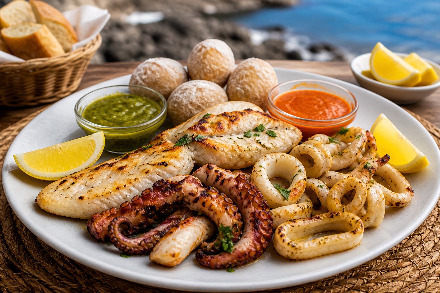 Grilled fish, octopus, calamari, papas arrugadas, mojo, and lemon.