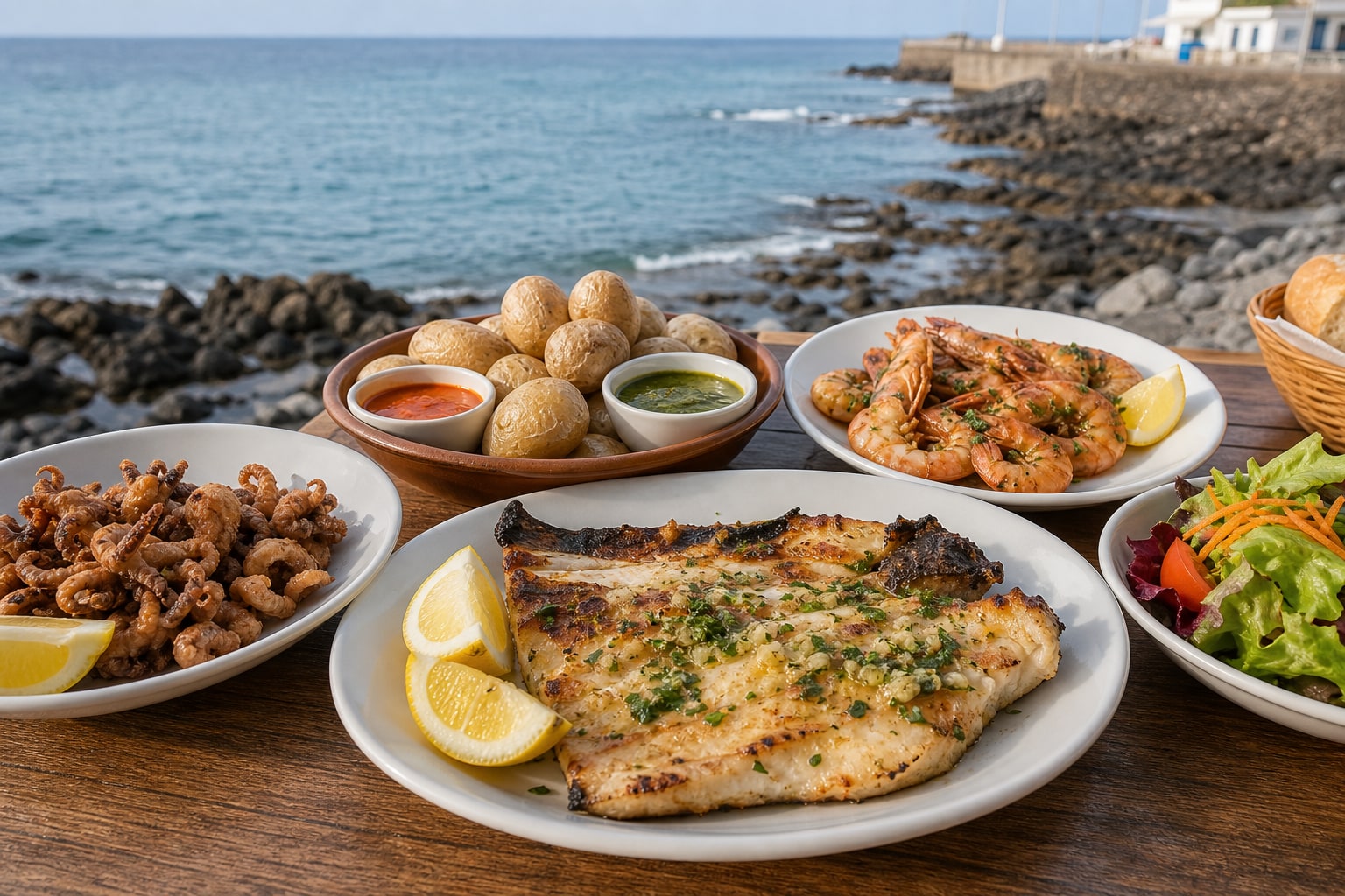 Canarian seafood spread with grilled fish, prawns, papas arrugadas, and mojo sauces.