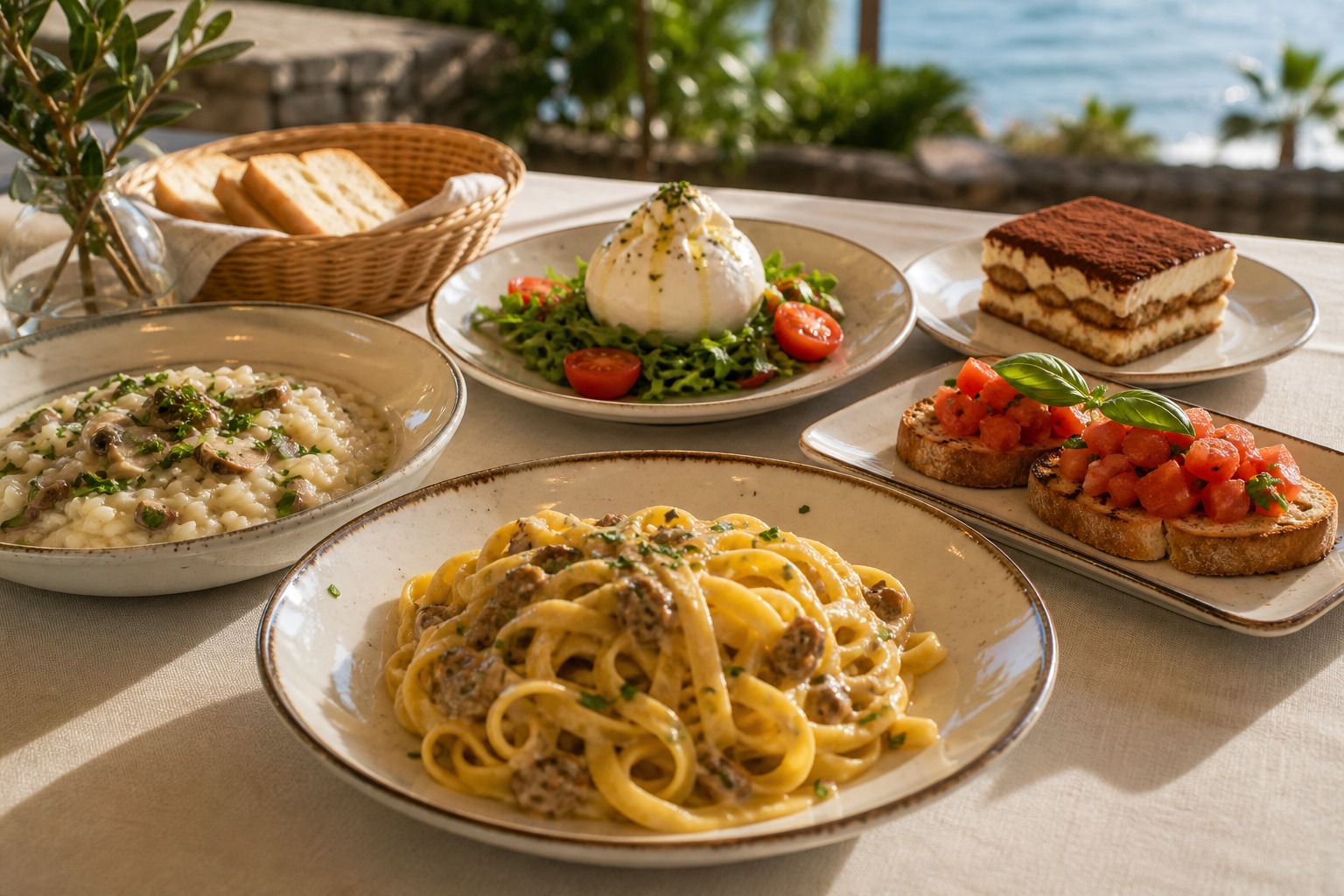 Fresh pasta, risotto, burrata, bruschetta, and tiramisu on a sunny terrace table