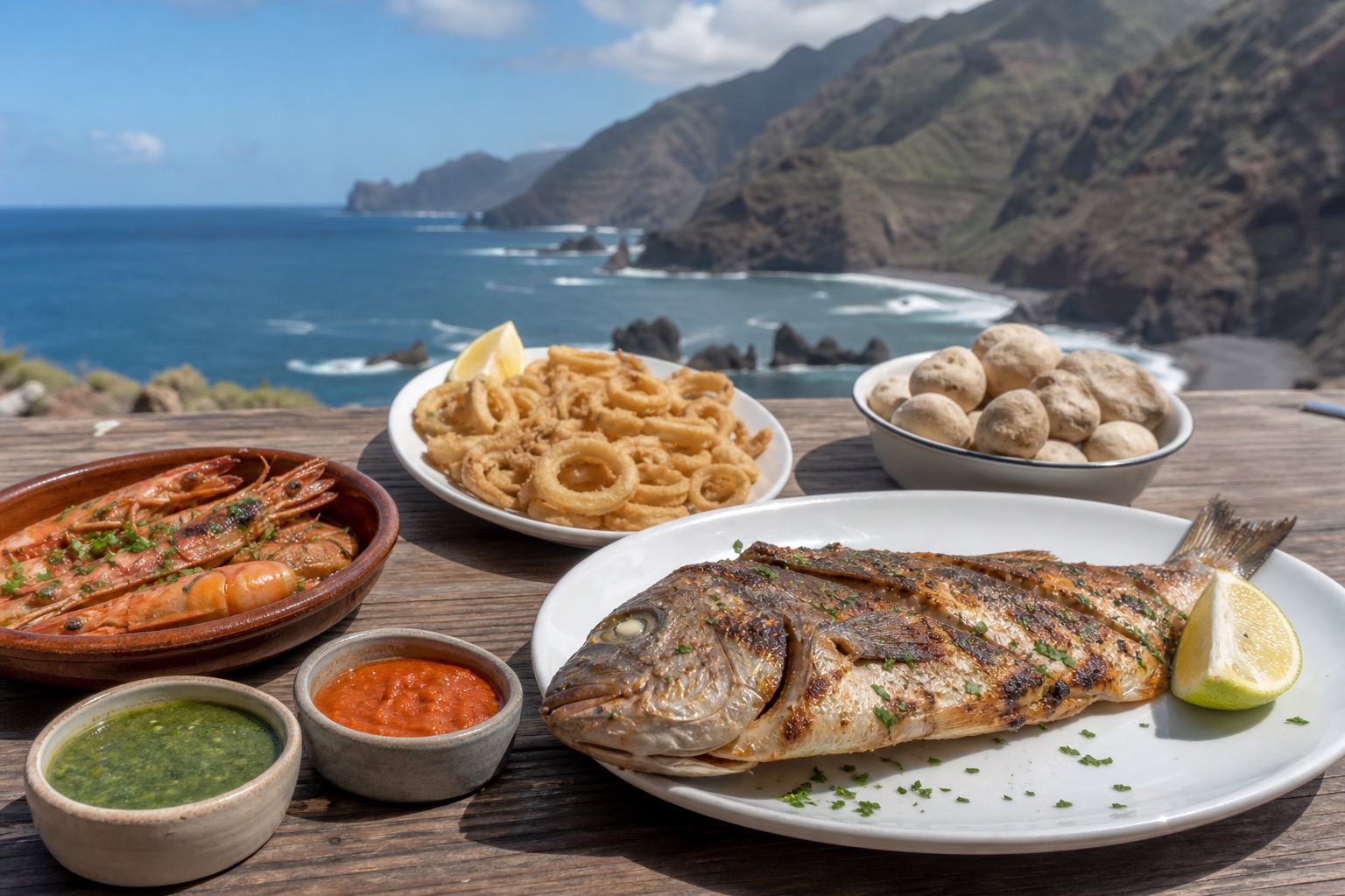 Grilled local fish, prawns, fried calamari, papas arrugadas, and red and green mojo on a rustic coastal table.