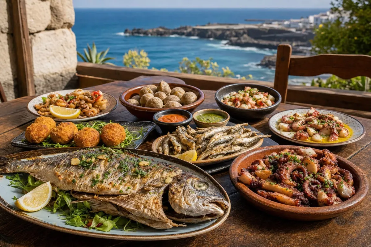 Canarian seafood and tapas dishes on a table