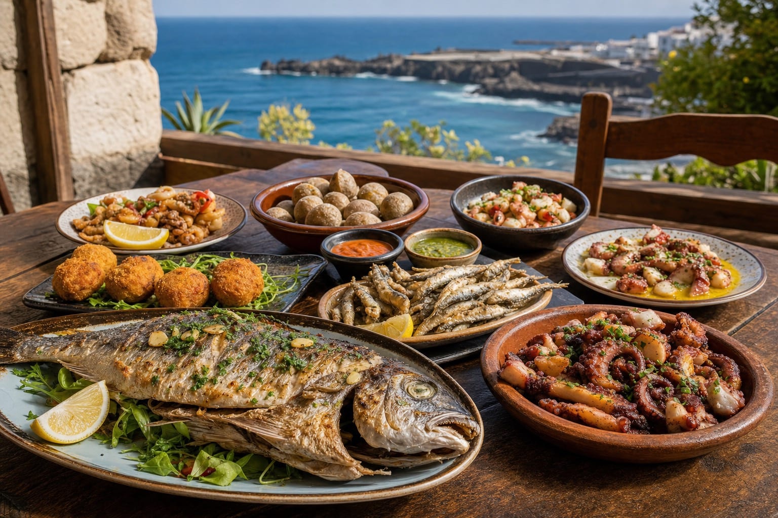 Canarian seafood and tapas dishes on a table