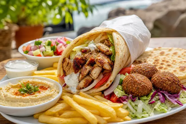 Grilled chicken kebab wrap, falafel, fresh salad, pita, fries, hummus, and garlic sauce on a sunny table