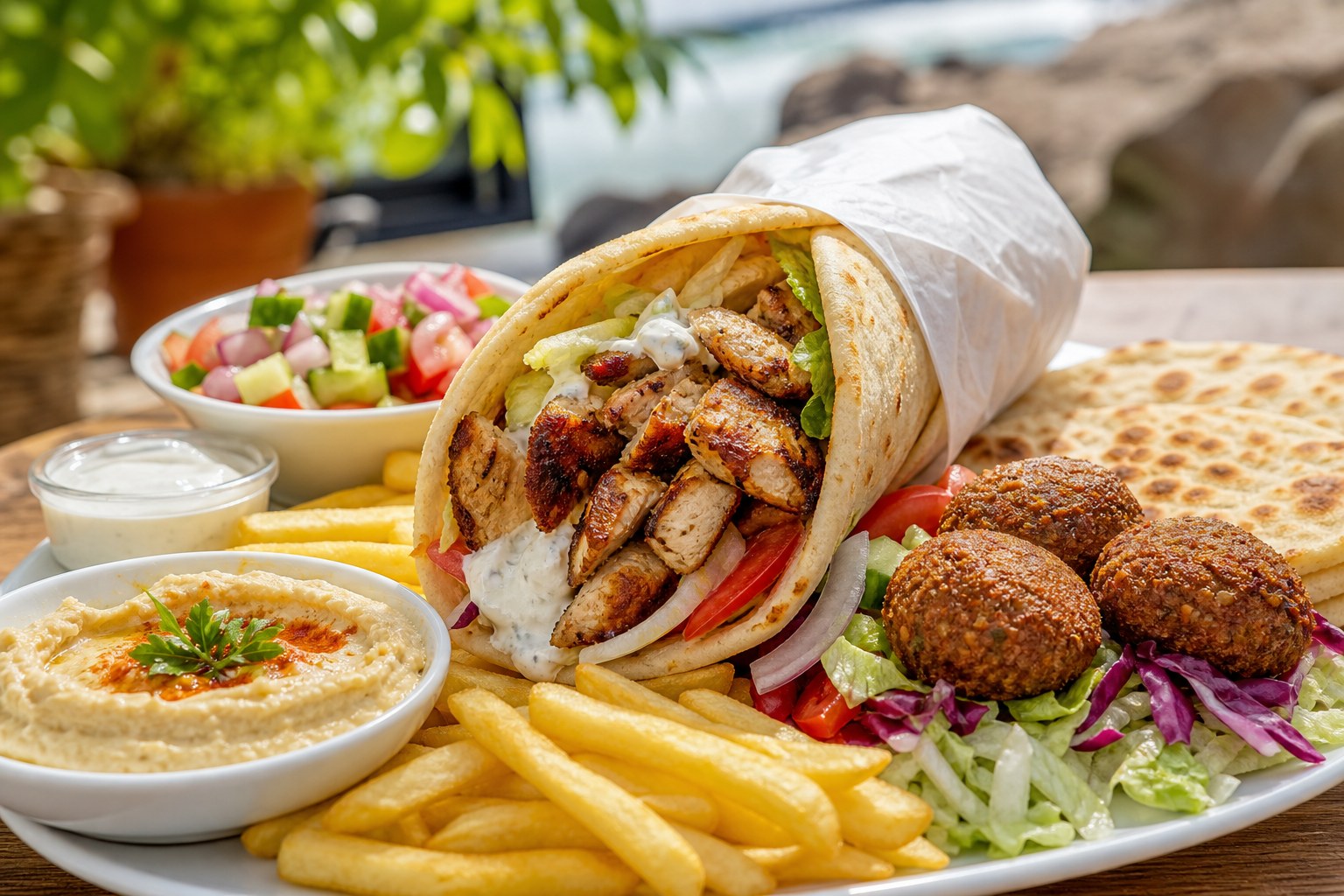 Grilled chicken kebab wrap, falafel, fresh salad, pita, fries, hummus, and garlic sauce on a sunny table
