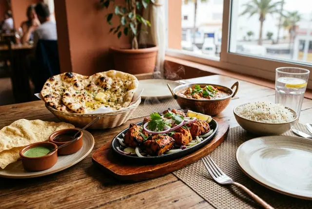 Representative Indian tandoori chicken tikka, butter chicken curry, garlic naan, basmati rice and papadum with chutneys on a sunny terrace in Los Cristianos