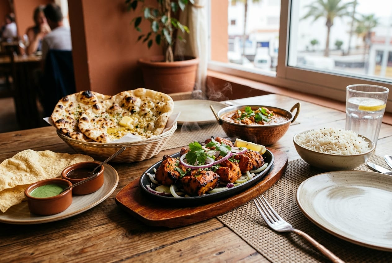 Representative Indian tandoori chicken tikka, butter chicken curry, garlic naan, basmati rice and papadum with chutneys on a sunny terrace in Los Cristianos