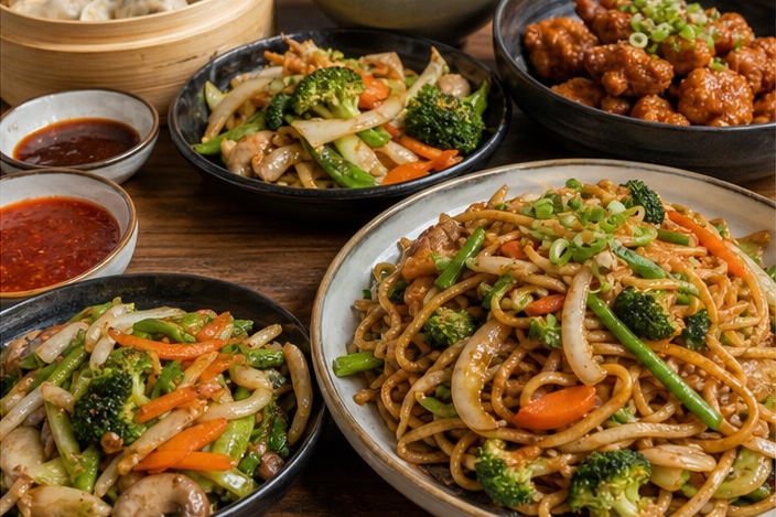 Chinese family-style plates with stir-fried noodles, vegetables, dumplings, rice, and sauces.