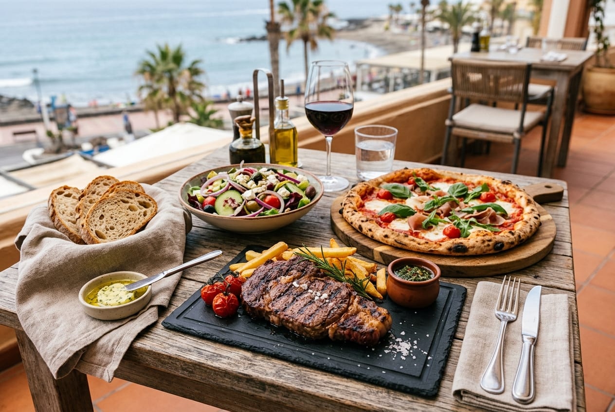 Representative Mediterranean steaks, pizza, fresh salad, and artisan bread spread at Sugar & Spicy Restaurant