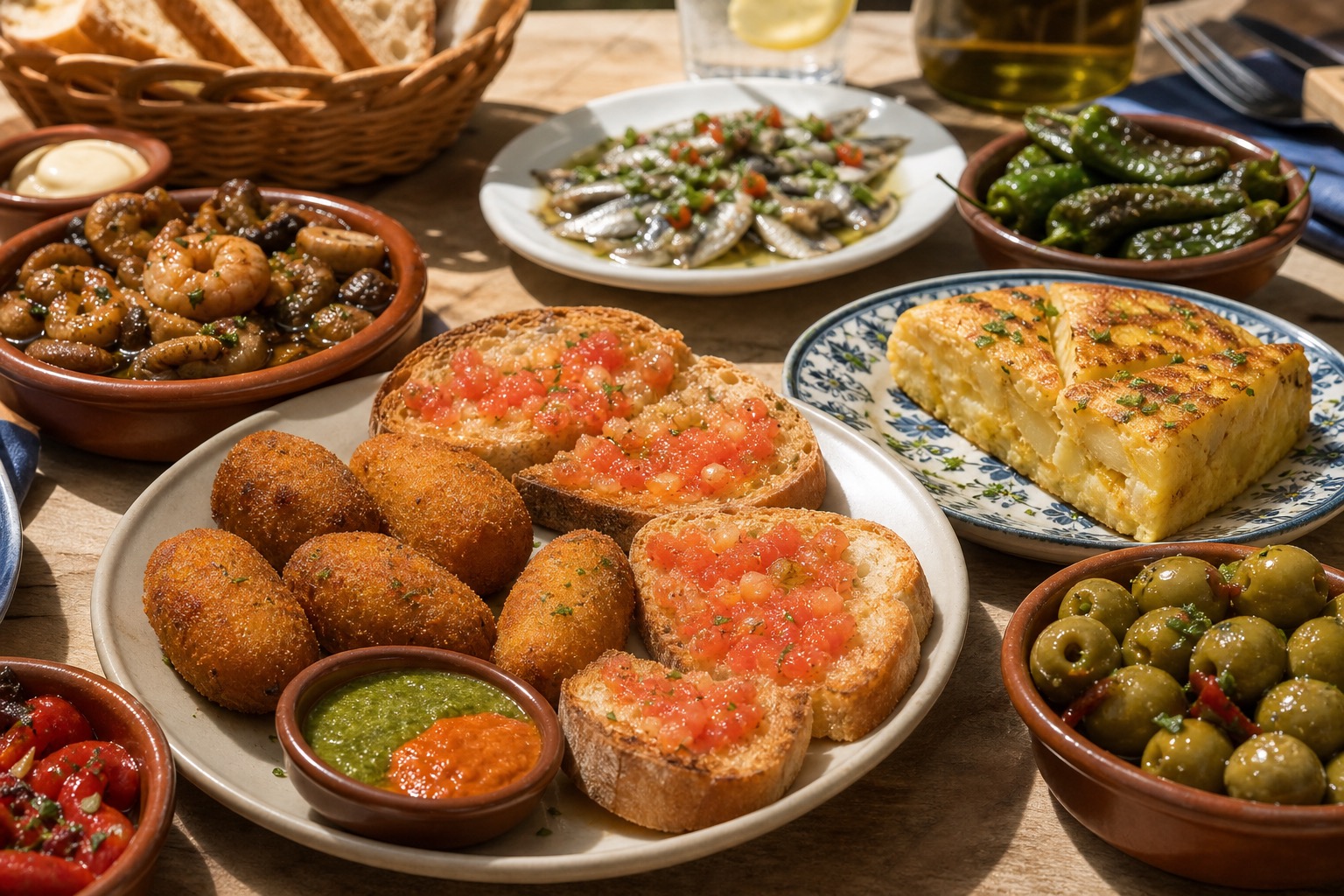 Spanish tapas with croquetas, tortilla, olives, peppers, pan con tomate, and mojo.
