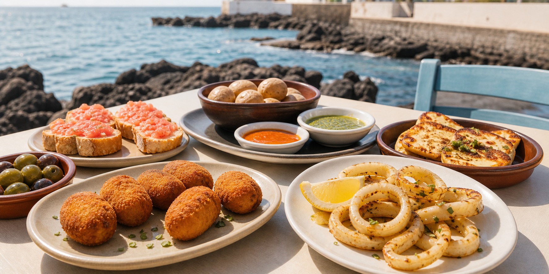 Tapas spread with croquetas, grilled calamari, queso asado, papas arrugadas, olives, and mojo.