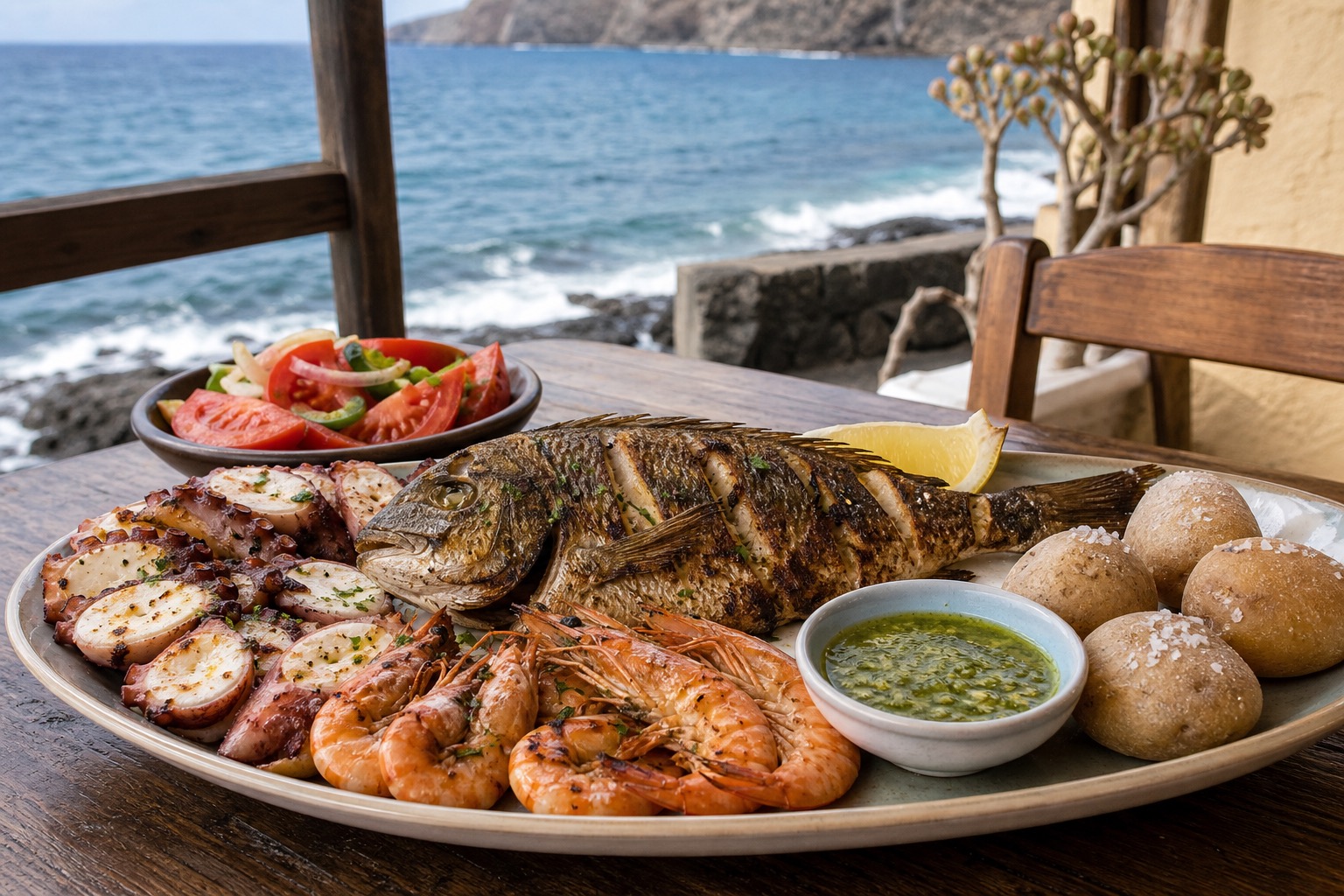 Grilled fish, octopus, prawns, papas arrugadas, mojo, and tomato salad on a coastal table.